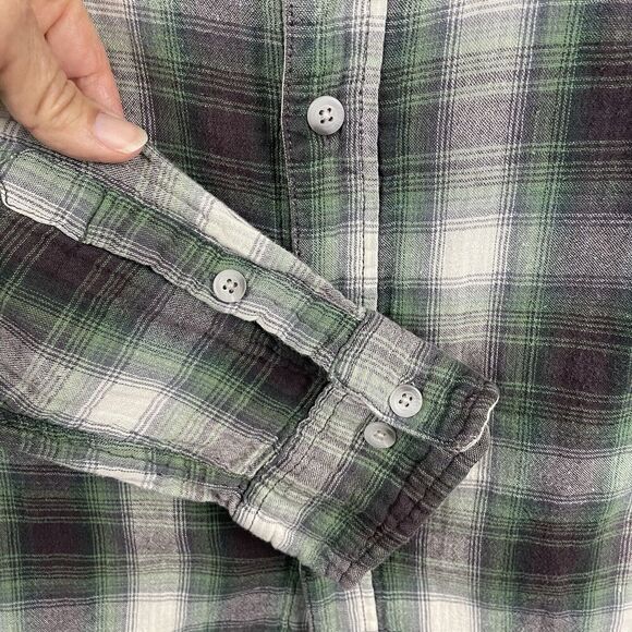 Gramicci Flannel Shirt Men M Purple Green Plaid Grunge Outdoor School Work FLAW - Picture 5 of 13
